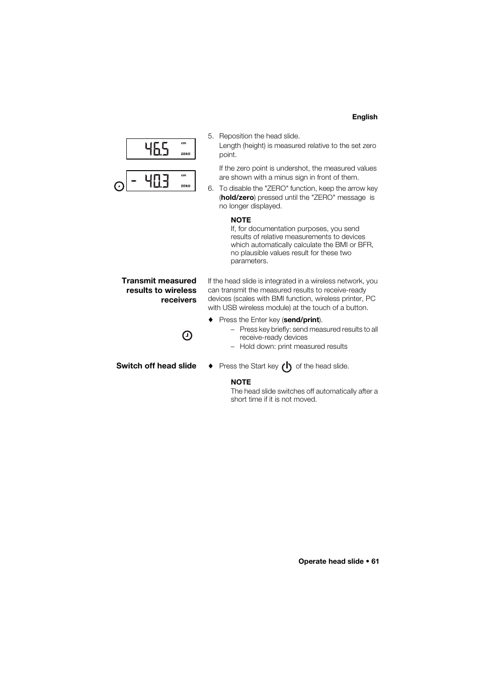 Transmit measured results to wireless receivers, Switch off head slide | Seca 264 User Manual | Page 61 / 275