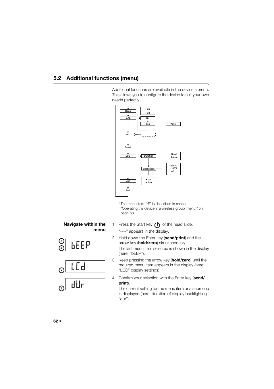 2 additional functions (menu), Navigate within the menu | Seca 264 User Manual | Page 62 / 275