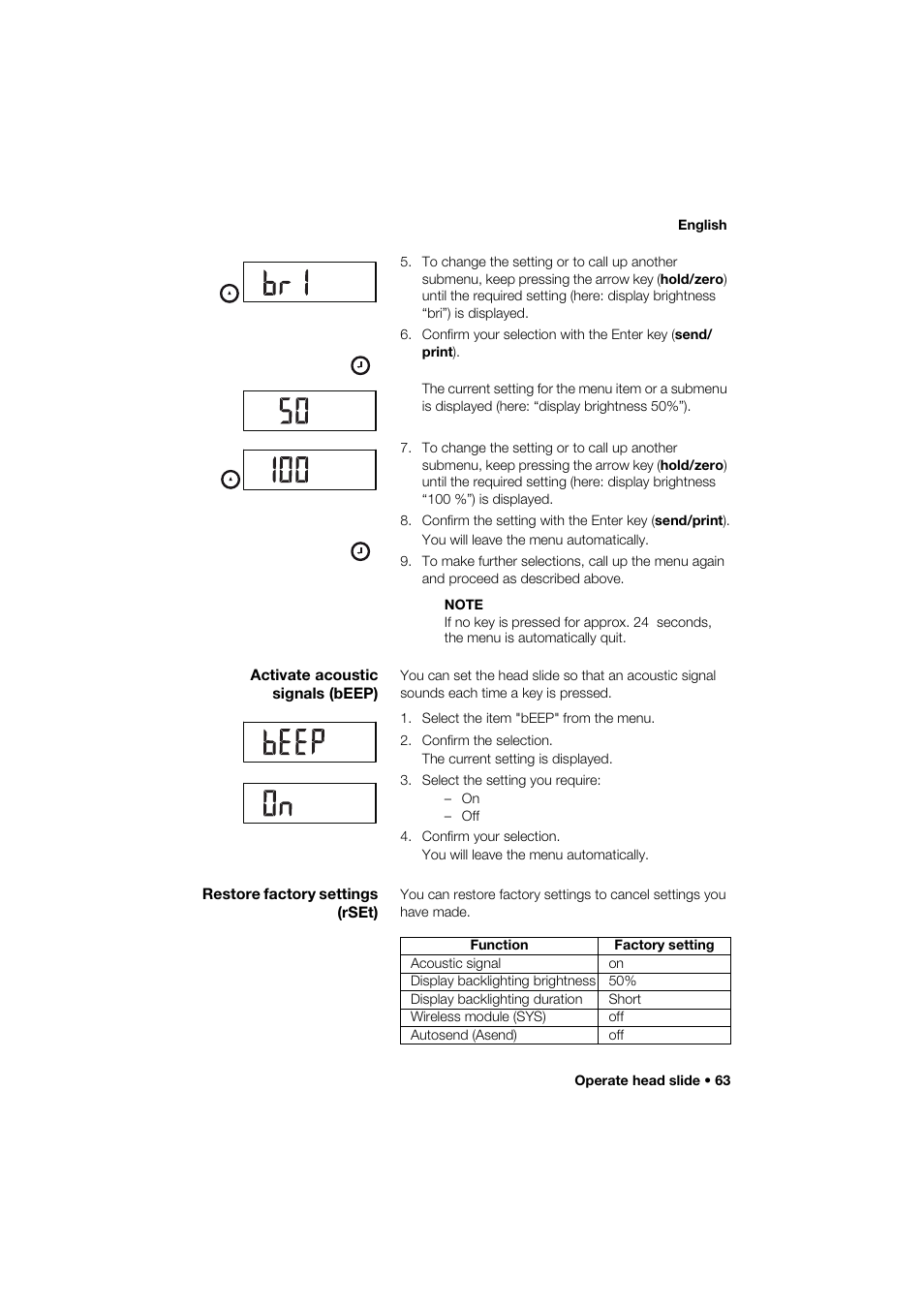 Activate acoustic signals (beep), Restore factory settings (rset) | Seca 264 User Manual | Page 63 / 275