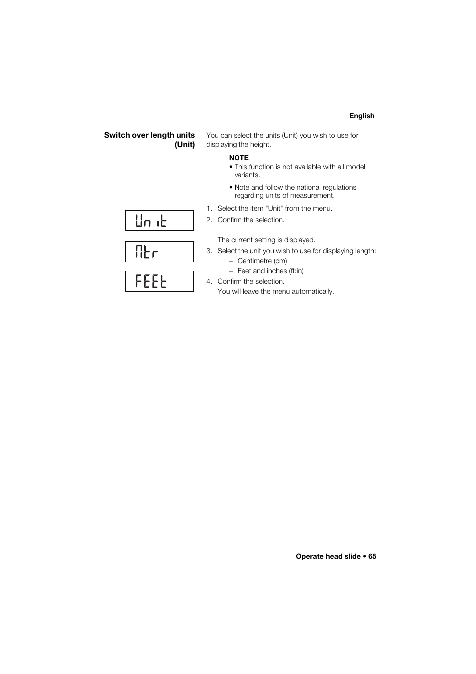 Switch over length units (unit) | Seca 264 User Manual | Page 65 / 275
