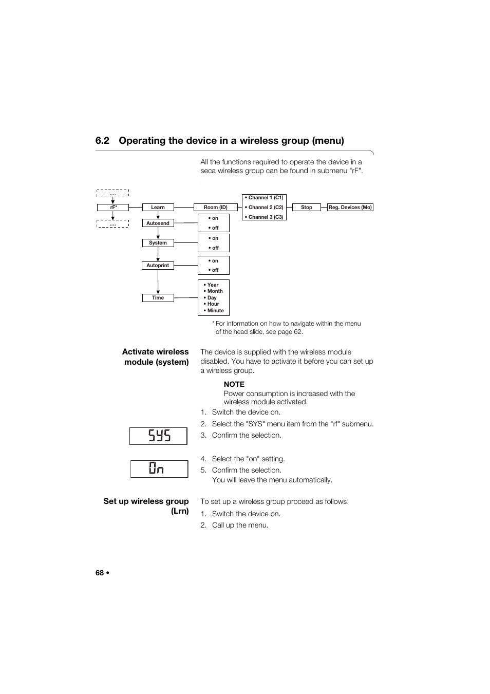 2 operating the device in a wireless group (menu), Activate wireless module (system), Set up wireless group (lrn) | 2 operating the device in a, Wireless group (menu) | Seca 264 User Manual | Page 68 / 275