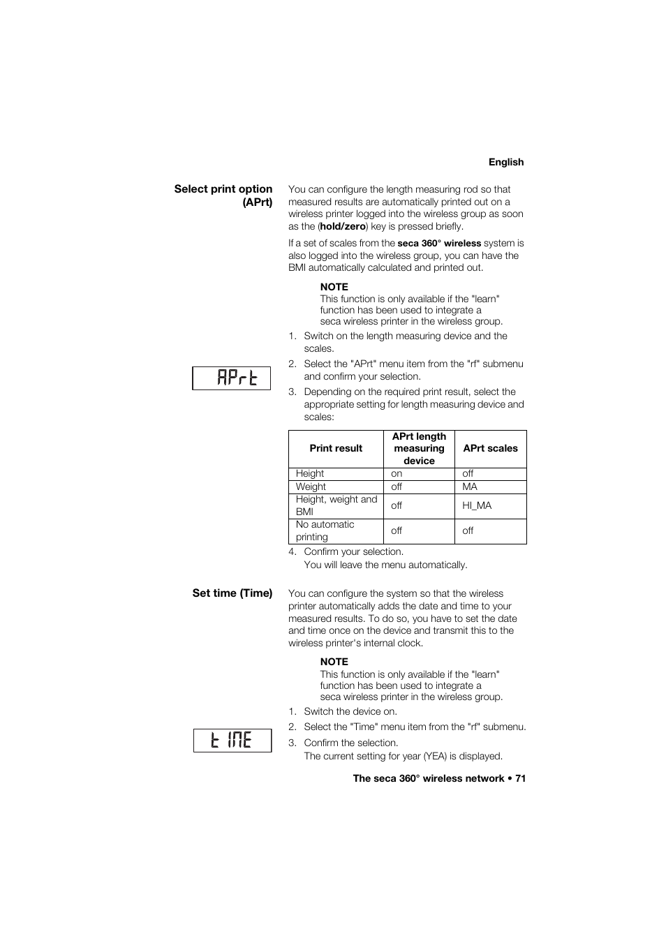 Select print option (aprt), Set time (time) | Seca 264 User Manual | Page 71 / 275
