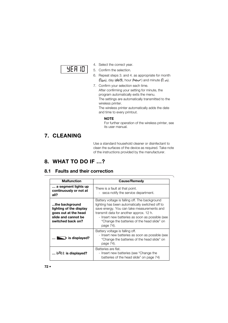 Cleaning, What to do if, 1 faults and their correction | Seca 264 User Manual | Page 72 / 275
