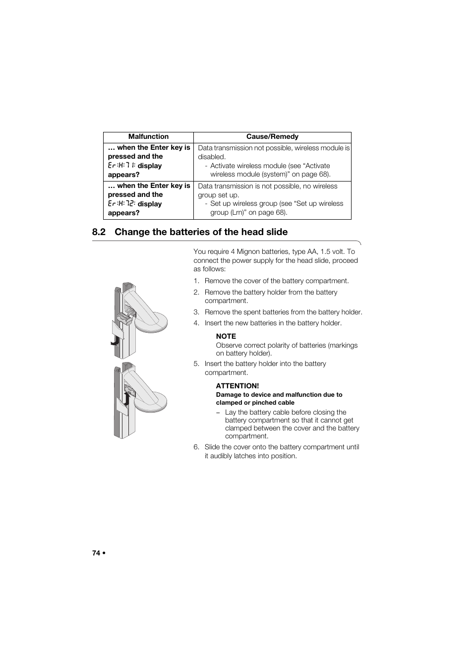 2 change the batteries of the head slide | Seca 264 User Manual | Page 74 / 275