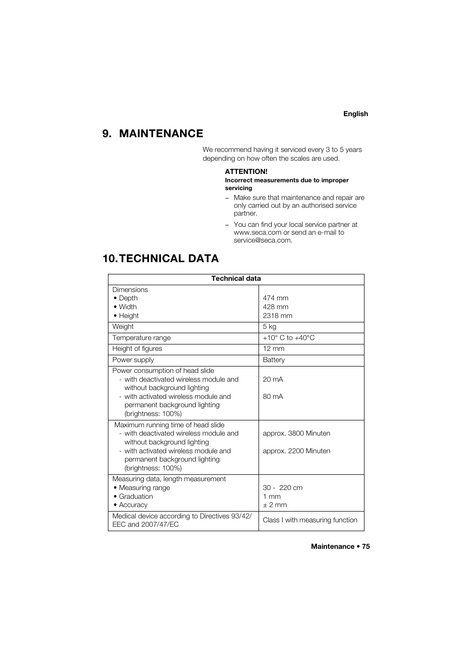 Maintenance, Technical data | Seca 264 User Manual | Page 75 / 275