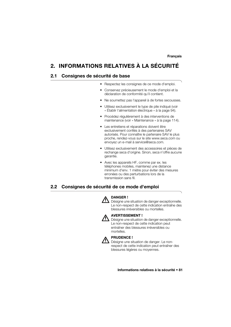 Informations relatives à la sécurité, 1 consignes de sécurité de base, 2 consignes de sécurité de ce mode d'emploi | Seca 264 User Manual | Page 81 / 275