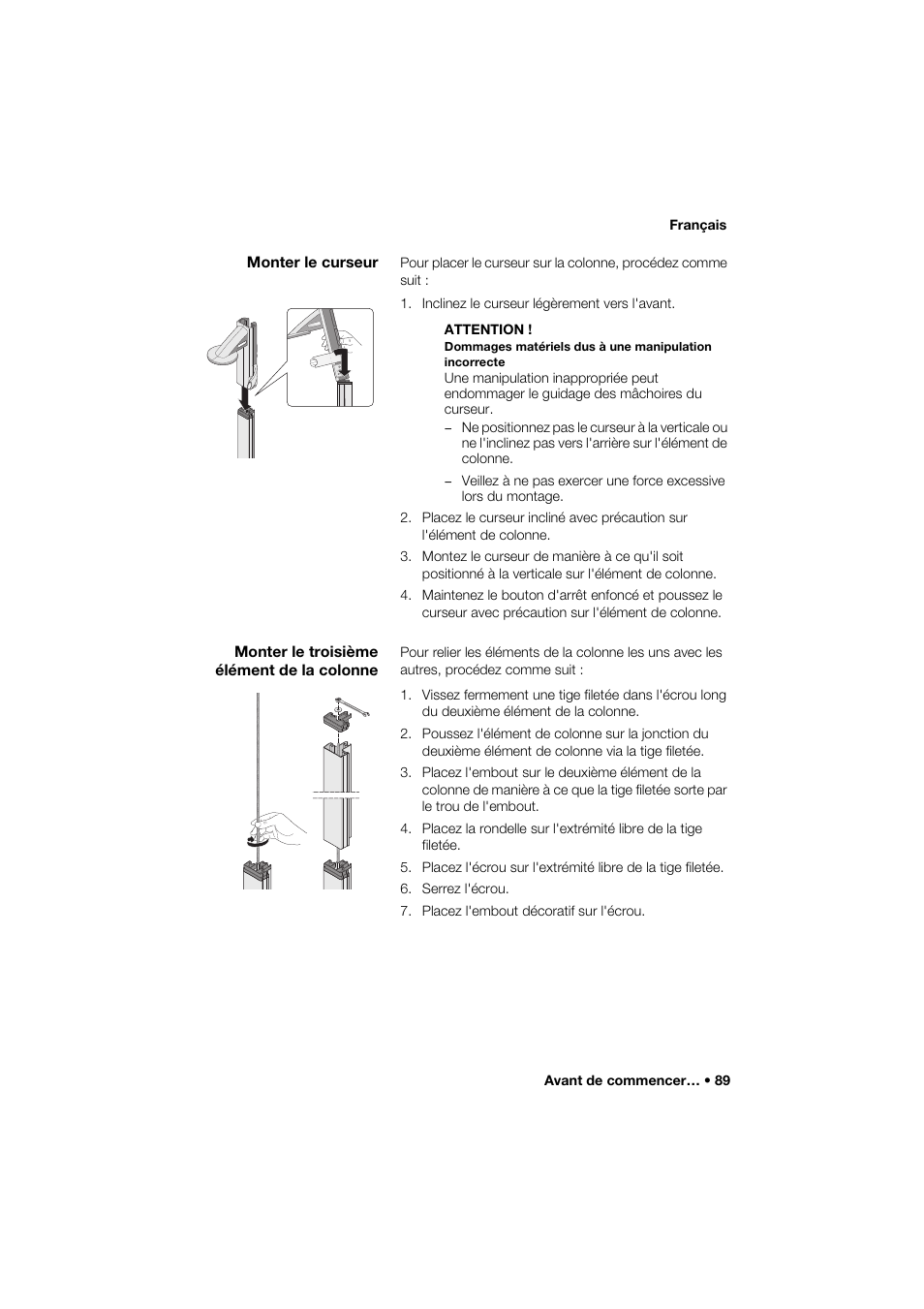 Monter le curseur, Monter le troisième élément de la colonne | Seca 264 User Manual | Page 89 / 275