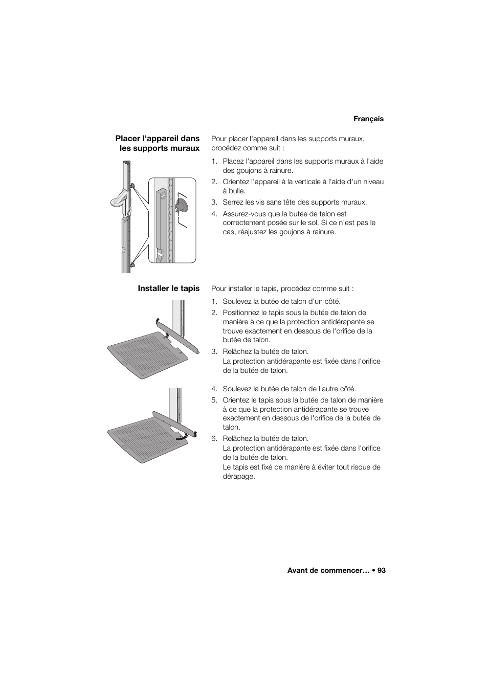 Placer l'appareil dans les supports muraux, Installer le tapis | Seca 264 User Manual | Page 93 / 275