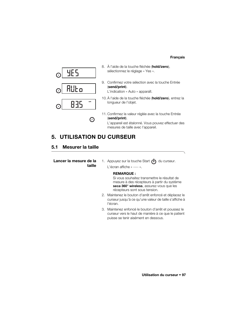 Utilisation du curseur, 1 mesurer la taille, Lancer la mesure de la taille | Seca 264 User Manual | Page 97 / 275