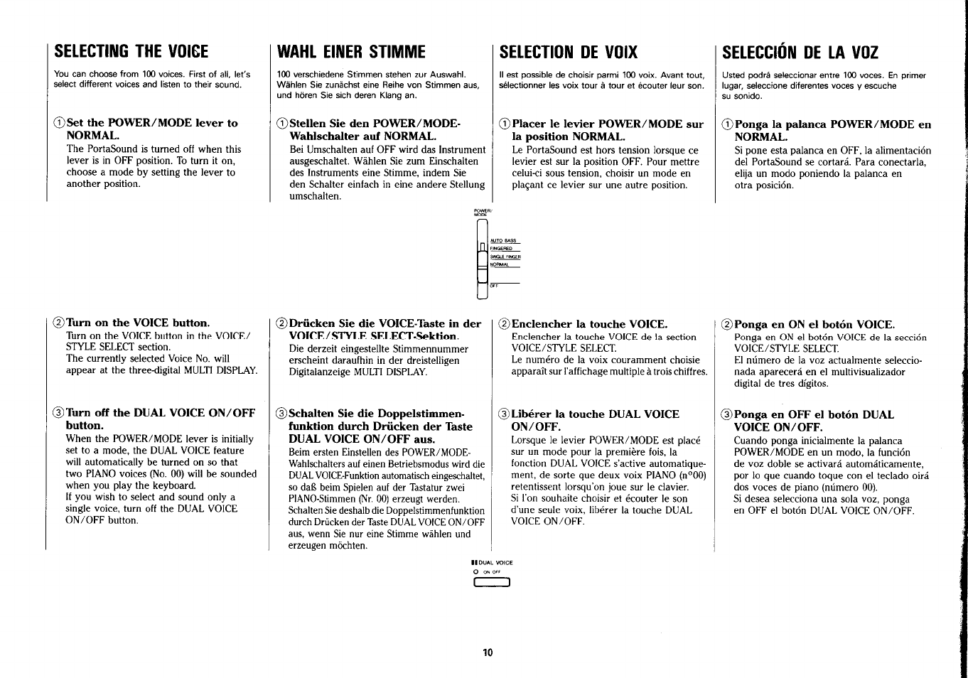 Selecting the voice, Wahl einer stimme, Selection de voix | Seleccion de la voz, Selección de la voz | Yamaha PSS-290 User Manual | Page 11 / 39