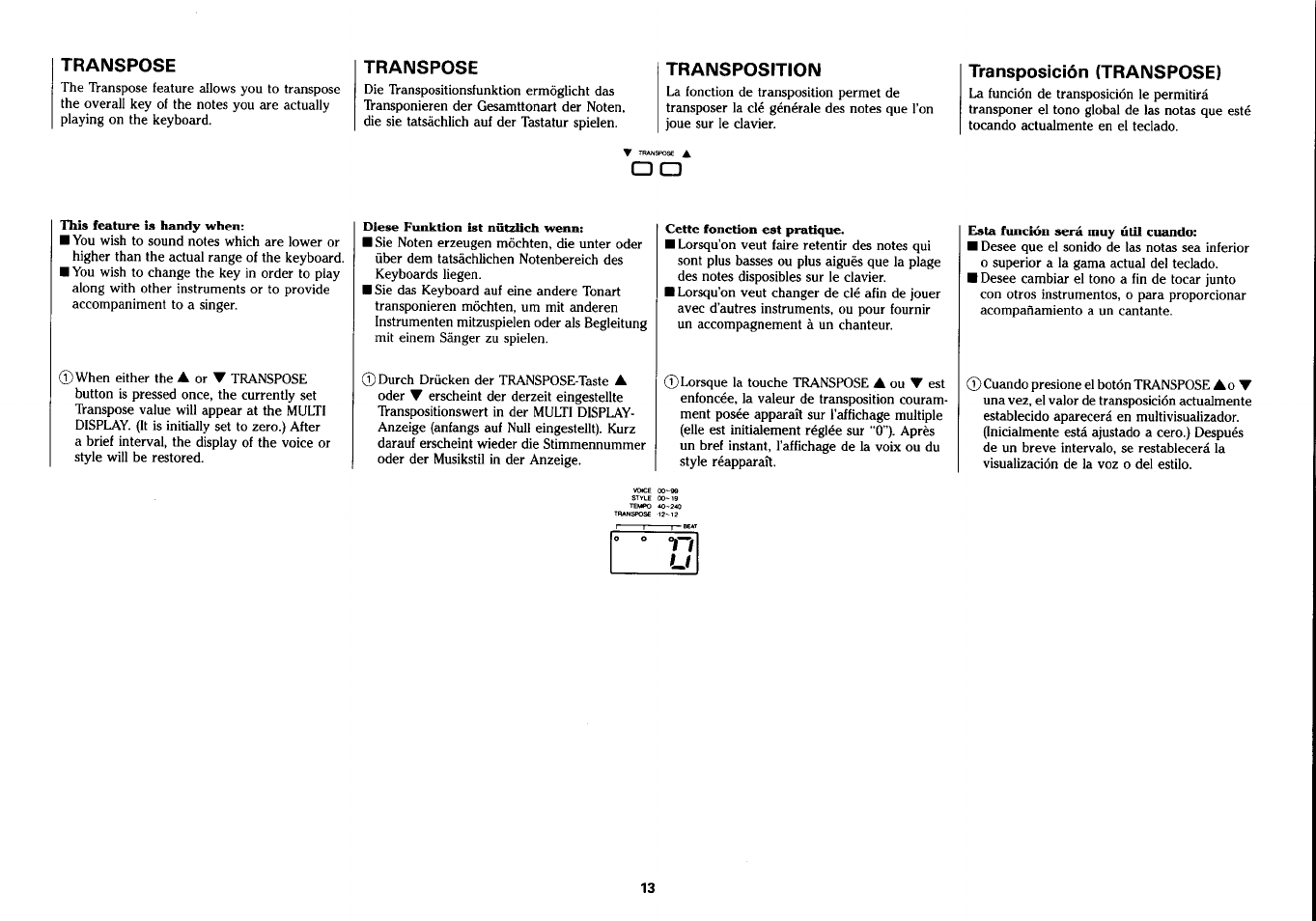 Transpose, Transposition, Transposición (transpose) | Yamaha PSS-290 User Manual | Page 14 / 39