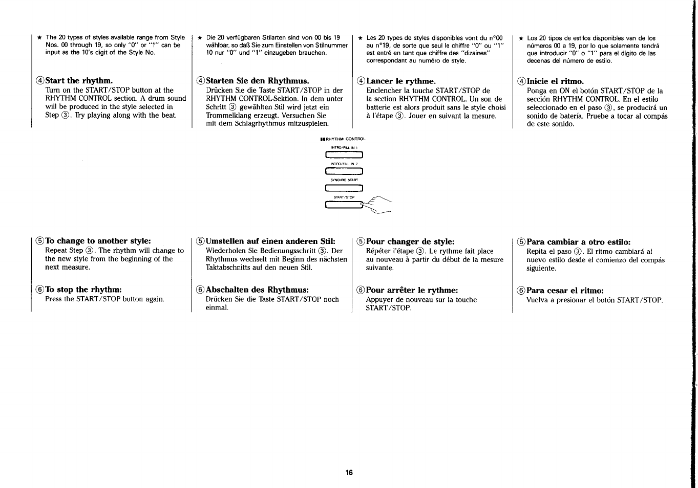 Start the rhythm, Starten sie den rhythmus, Lancer le rythme | Inicie el ritmo, To change to another style, To stop the rhythm, Umstellen auf einen anderen stil, Abschalten des rhythmus, Pour changer de style, Pour arrêter le rythme | Yamaha PSS-290 User Manual | Page 17 / 39