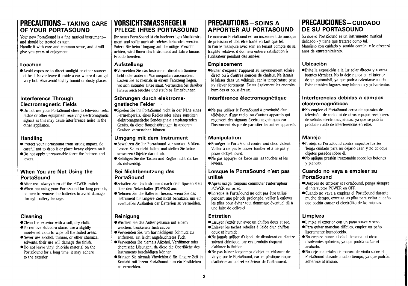 Precautions-taking care of your portasound, Vorsichtsmassregeln, Pflege ihres portasound | Precautions-soins a apporter au portasound, De su portasound | Yamaha PSS-290 User Manual | Page 3 / 39