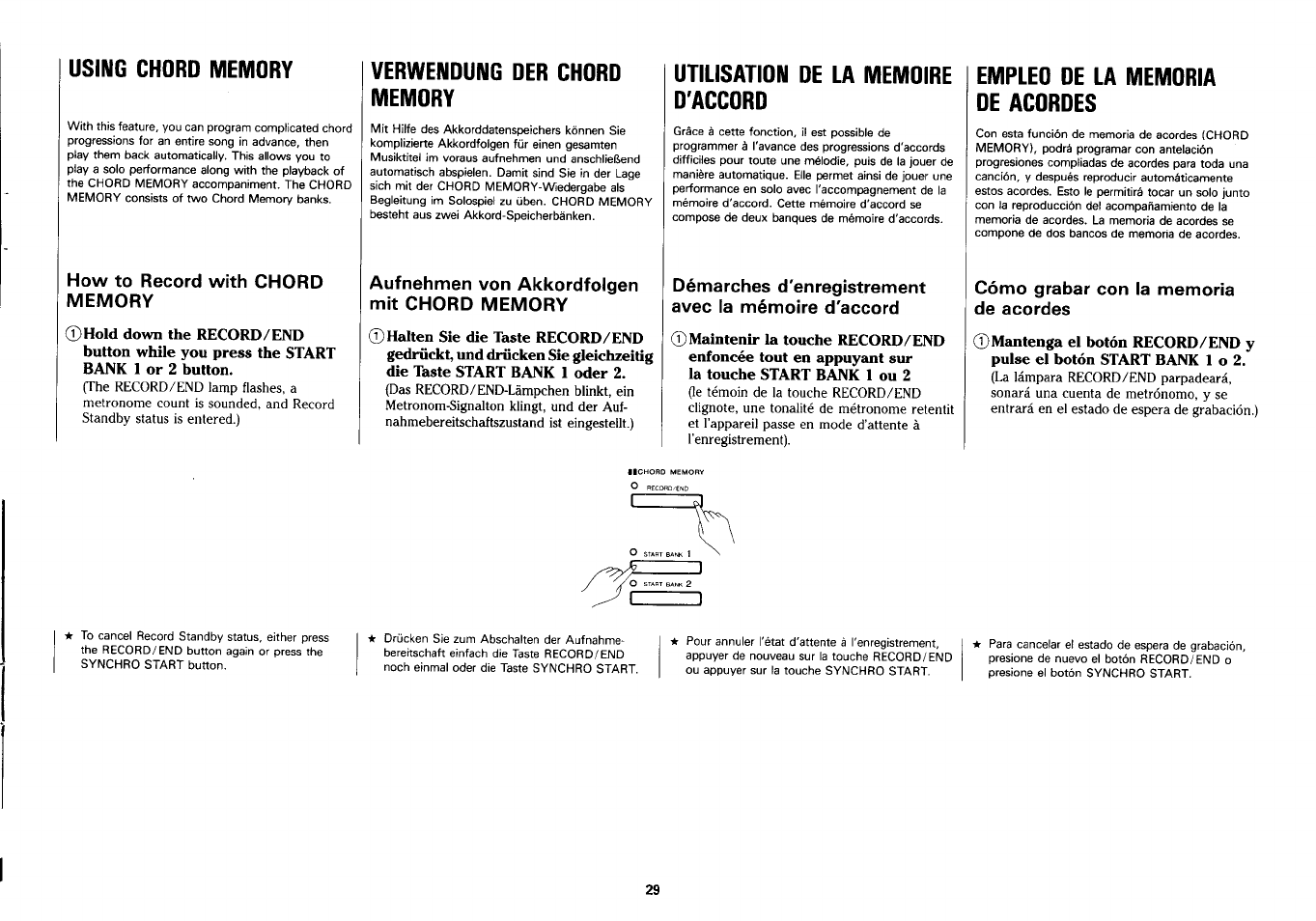 Using chord memory, How to record with chord memory, Verwendung der chdrd memdry | Aufnehmen von akkordfolgen mit chord memory, Utilisatidn de la memdire d'accdrd, Empled de la memdria de acdrdes, Cómo grabar con la memoria de acordes, Verwendung der chord memory | Yamaha PSS-290 User Manual | Page 30 / 39