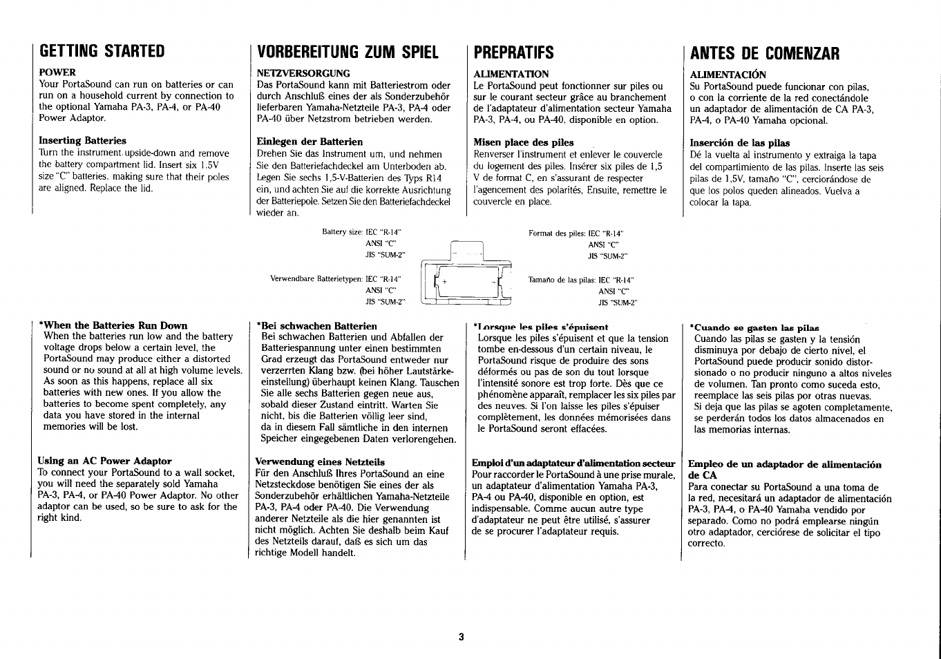 Getting started, Vorbereitung zum spiel, Prepratifs | Antes de cdmenzar, Preparatifs, Antes de comenzar | Yamaha PSS-290 User Manual | Page 4 / 39
