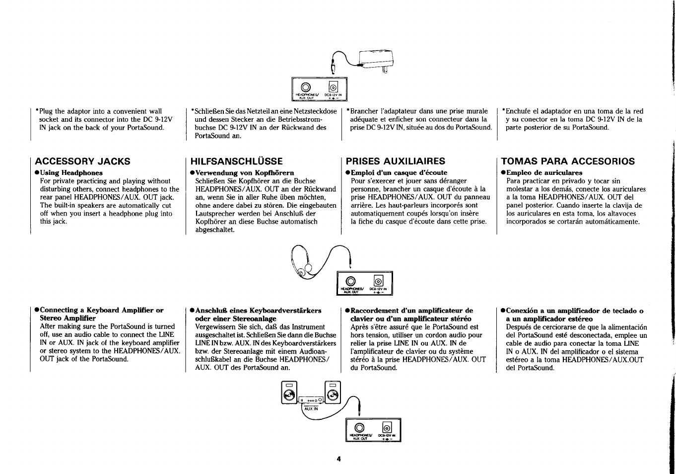 Accessory jacks, Hilfsanschlusse, Prises auxiliaires | Tomas para accesorios, Hilfsanschlüsse | Yamaha PSS-290 User Manual | Page 5 / 39