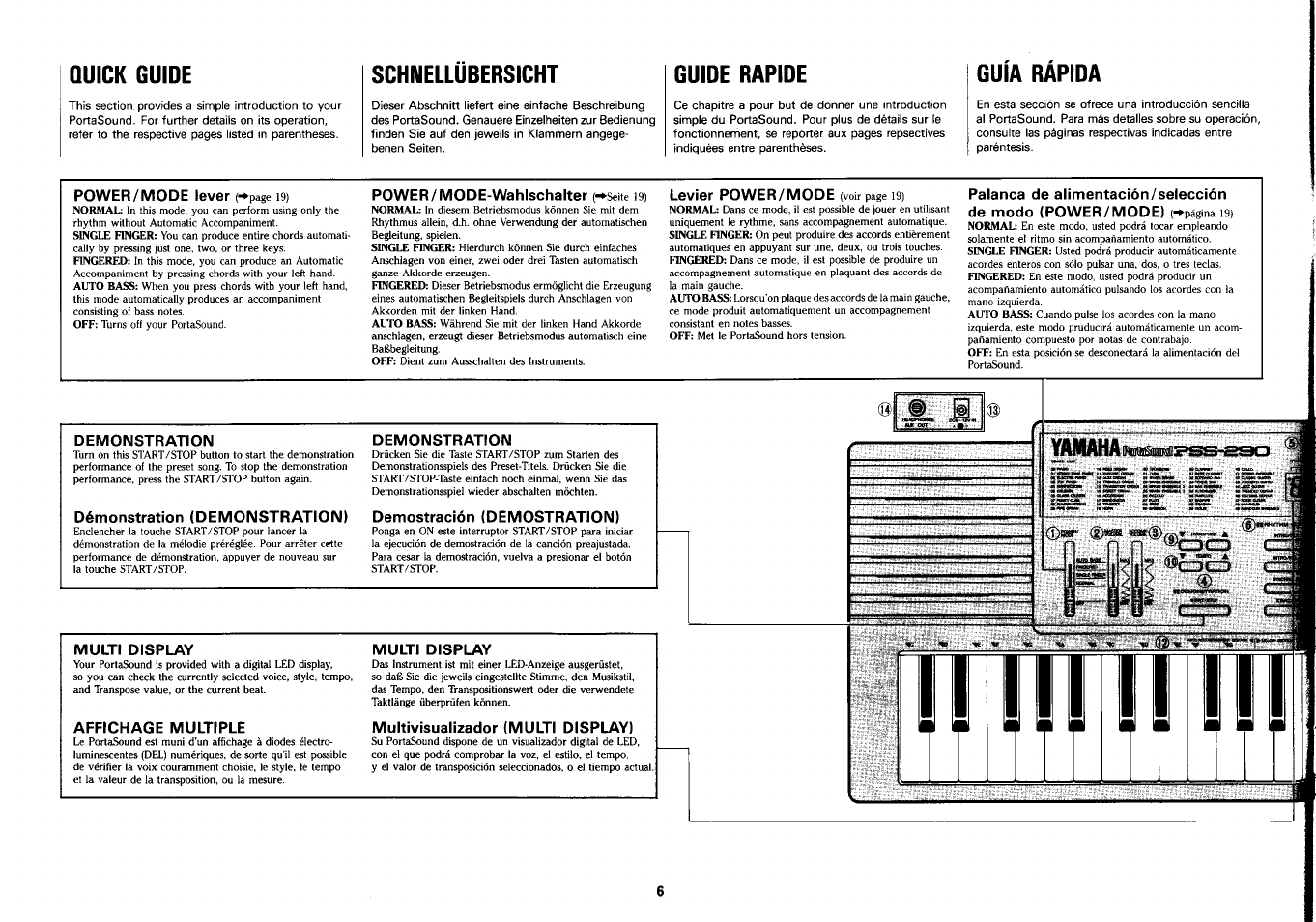 Quick guide, Schnellübersicht, Guide rapide | Guia rapida, Power/mode-wahlschalter {-►seite i9), Demonstration, Démonstration (demonstration), Demostración (demostration), Multi display, Affichage multiple | Yamaha PSS-290 User Manual | Page 7 / 39