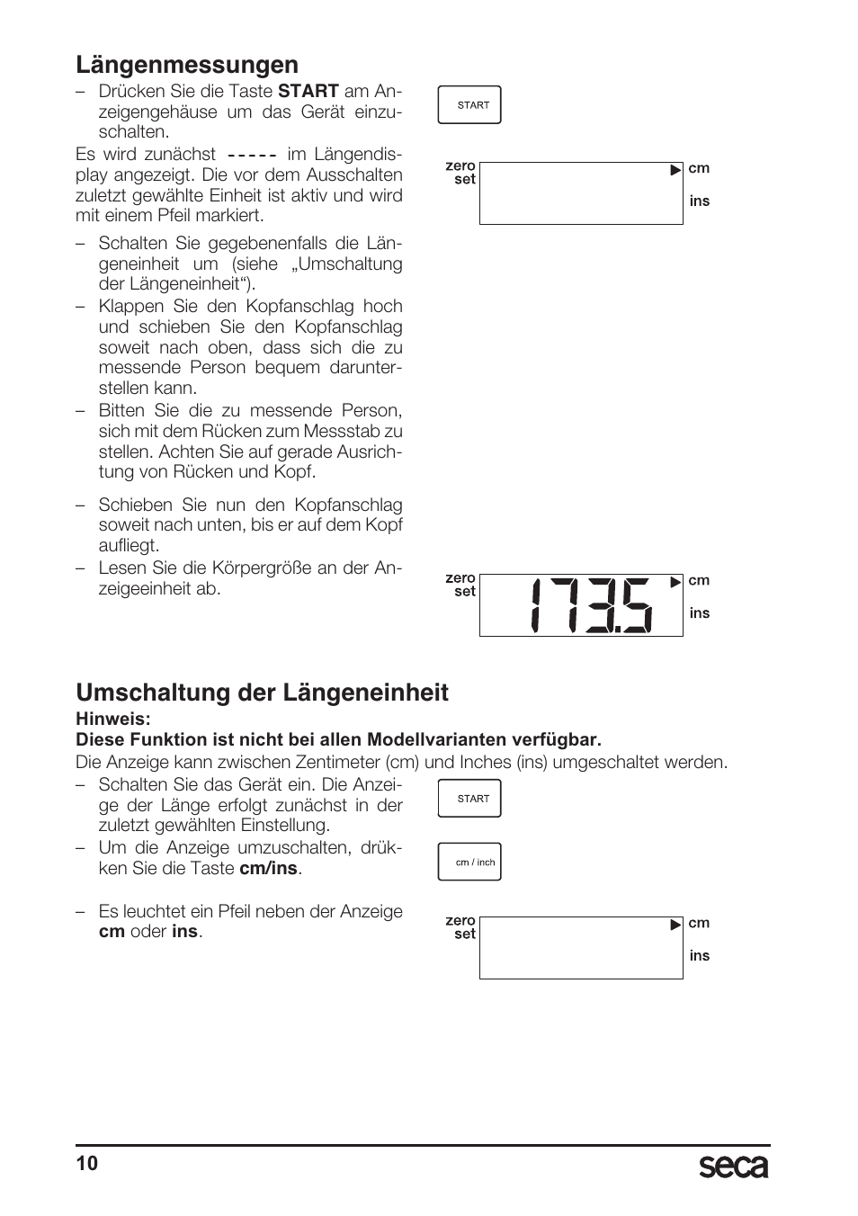 Längenmessungen, Umschaltung der längeneinheit | Seca 764 User Manual | Page 10 / 189