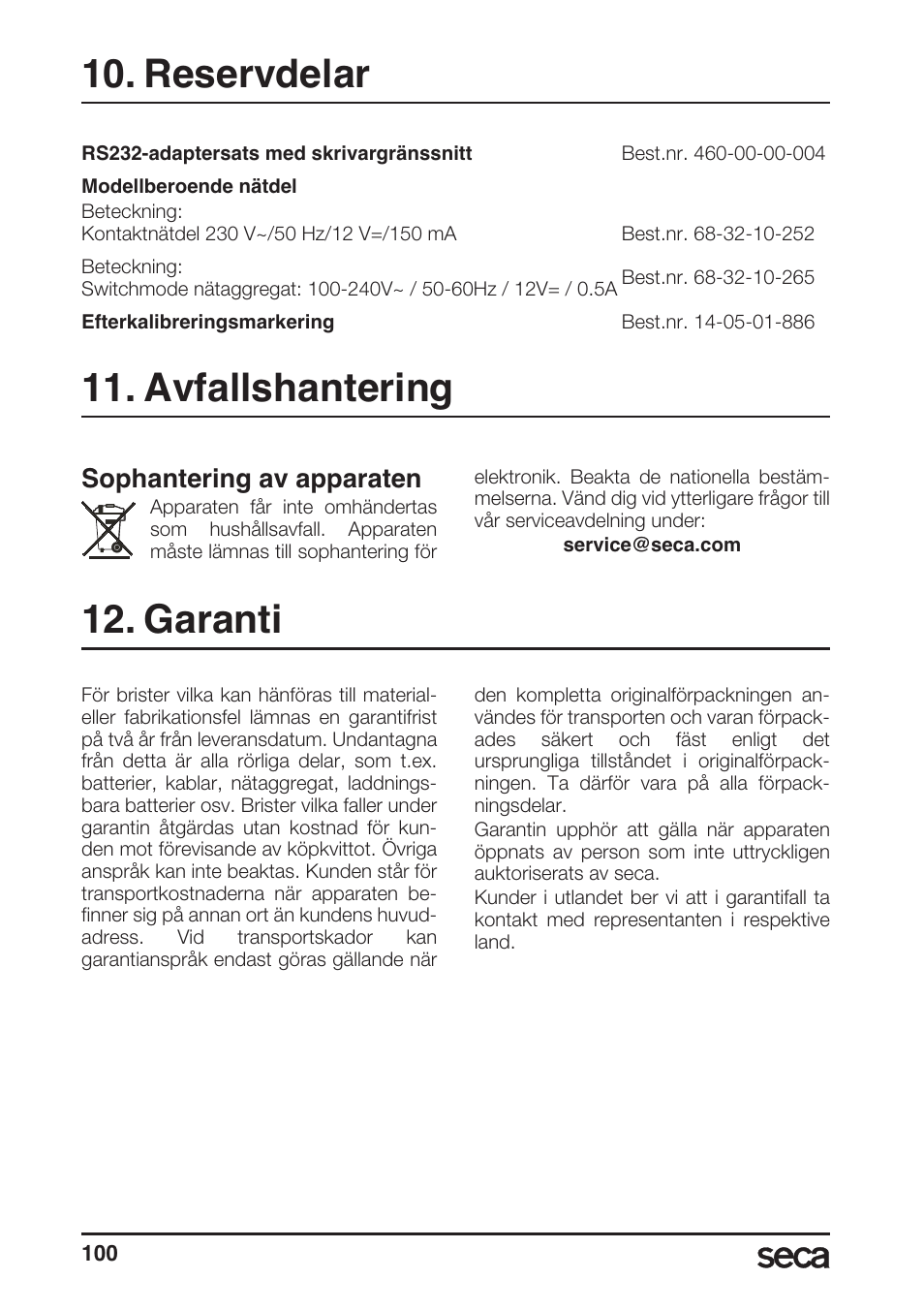 Reservdelar, Avfallshantering, Garanti | Reservdelar 11. avfallshantering, Sophantering av apparaten | Seca 764 User Manual | Page 100 / 189