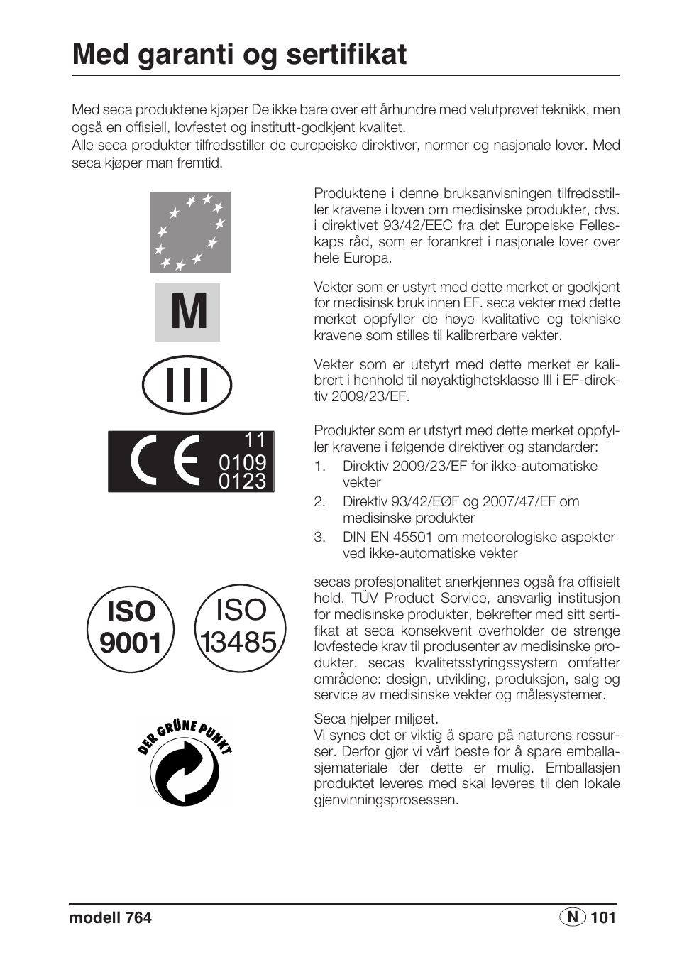 Norsk, Med garanti og sertifikat, Iso 9001 | Seca 764 User Manual | Page 101 / 189