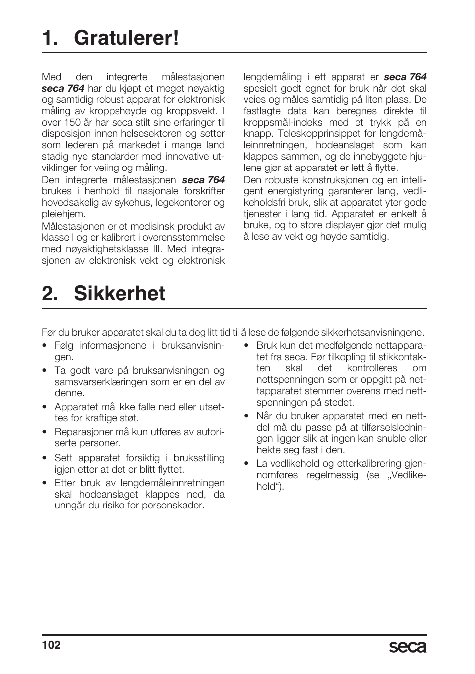 Gratulerer, Sikkerhet | Seca 764 User Manual | Page 102 / 189