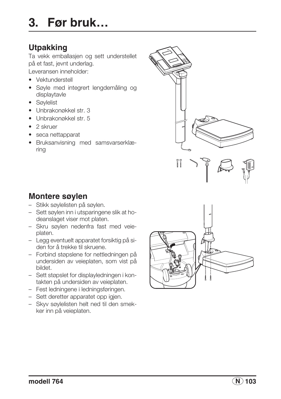 Før bruk, Utpakking, Montere søylen | Seca 764 User Manual | Page 103 / 189