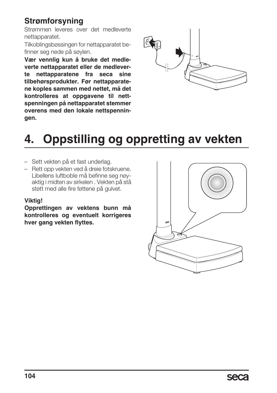 Strømforsyning, Oppstilling og oppretting av vekten | Seca 764 User Manual | Page 104 / 189