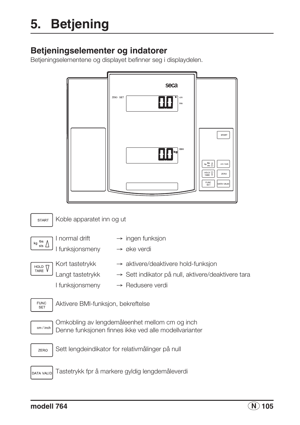 Betjening, Betjeningselementer og indatorer | Seca 764 User Manual | Page 105 / 189