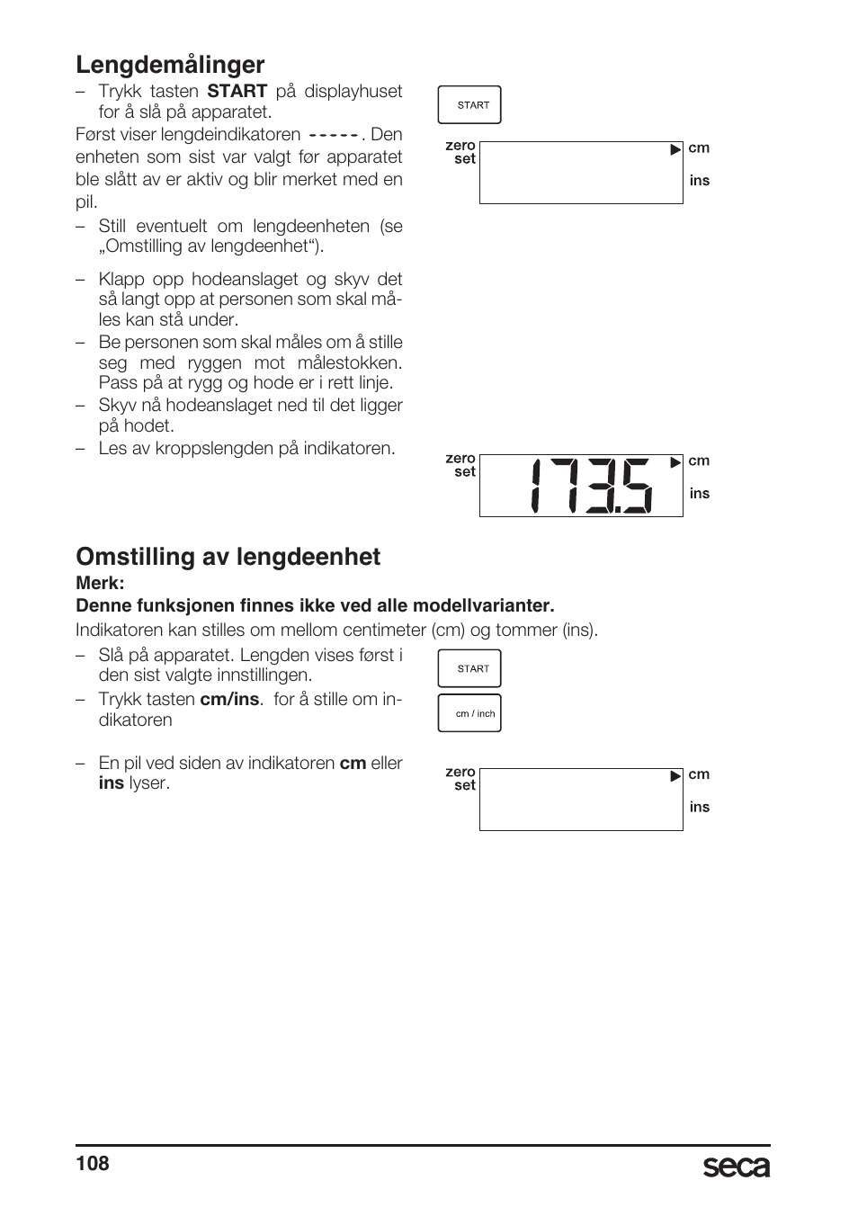 Lengdemålinger, Omstilling av lengdeenhet | Seca 764 User Manual | Page 108 / 189