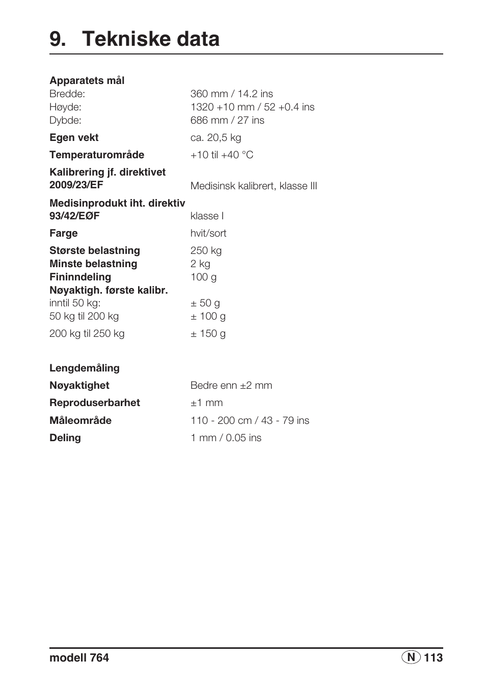 Tekniske data | Seca 764 User Manual | Page 113 / 189