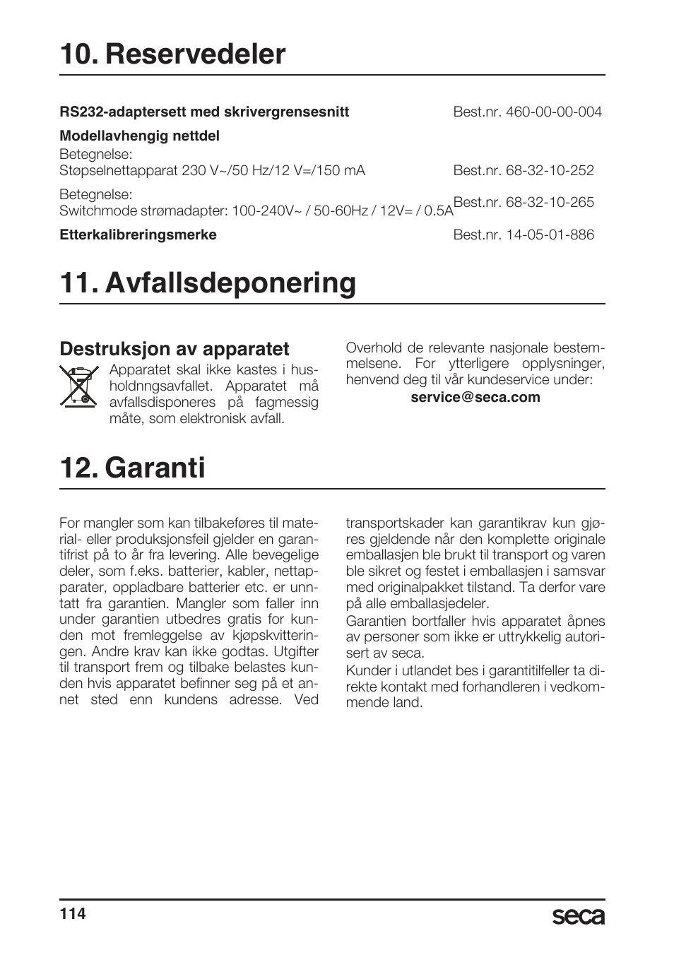 Reservedeler, Avfallsdeponering, Garanti | Reservedeler 11. avfallsdeponering, Destruksjon av apparatet | Seca 764 User Manual | Page 114 / 189