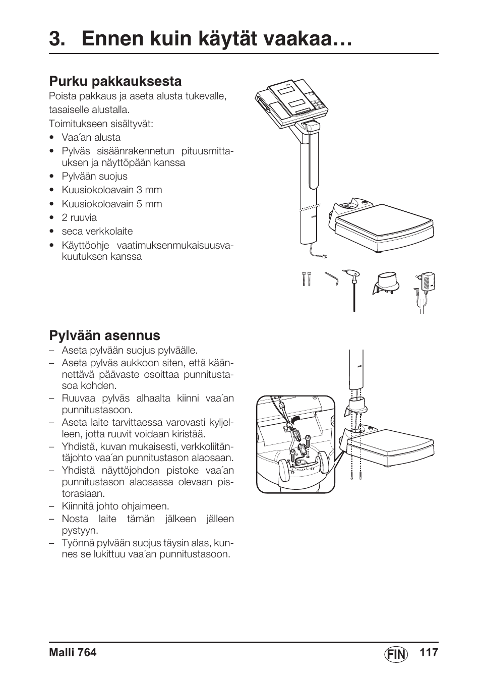 Ennen kuin käytät vaakaa, Purku pakkauksesta, Pylvään asennus | Seca 764 User Manual | Page 117 / 189