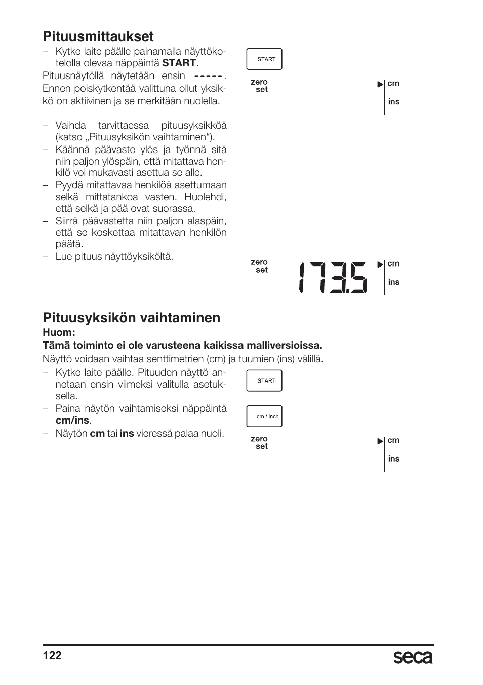 Pituusmittaukset, Pituusyksikön vaihtaminen | Seca 764 User Manual | Page 122 / 189