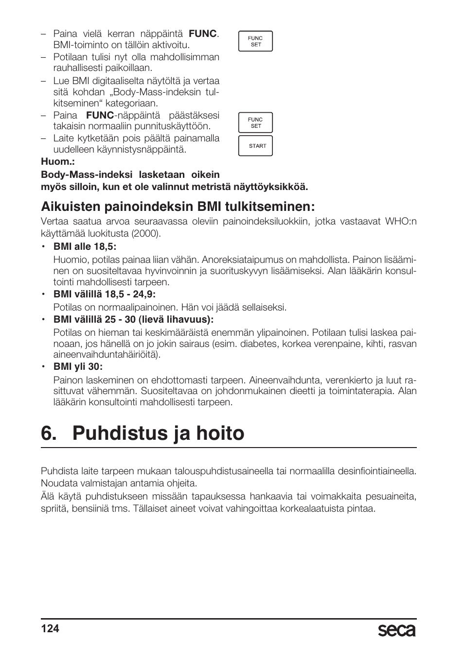 Aikuisten painoindeksin bmi tulkitseminen, Puhdistus ja hoito | Seca 764 User Manual | Page 124 / 189