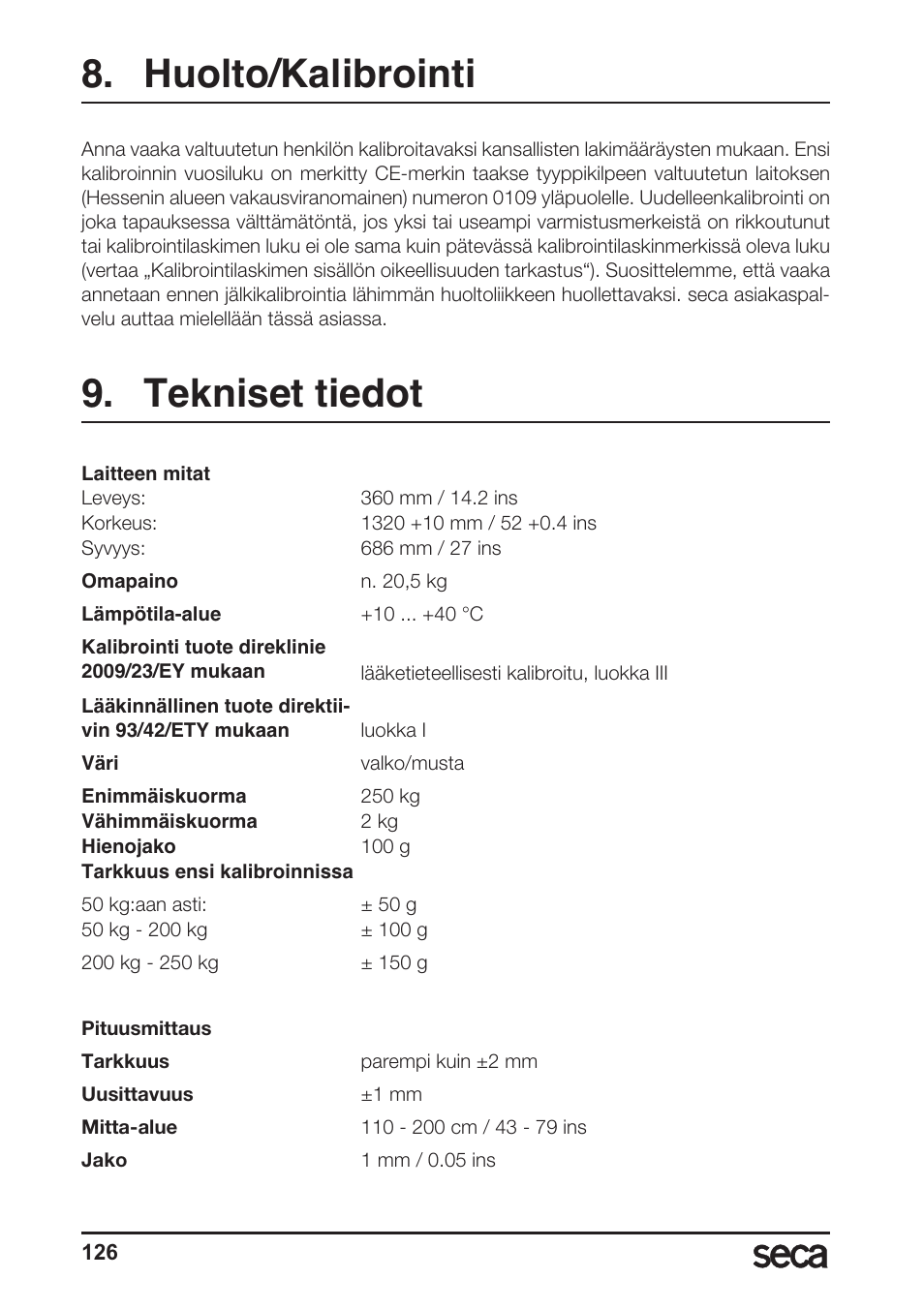 Huolto/kalibrointi, Tekniset tiedot | Seca 764 User Manual | Page 126 / 189