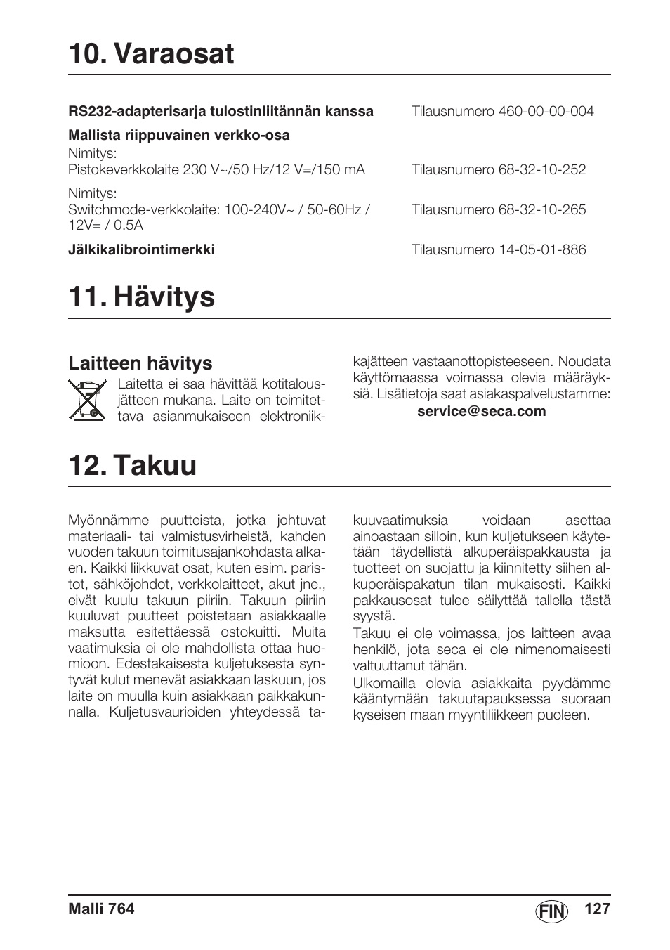 Varaosat, Hävitys, Takuu | Varaosat 11. hävitys, Laitteen hävitys | Seca 764 User Manual | Page 127 / 189