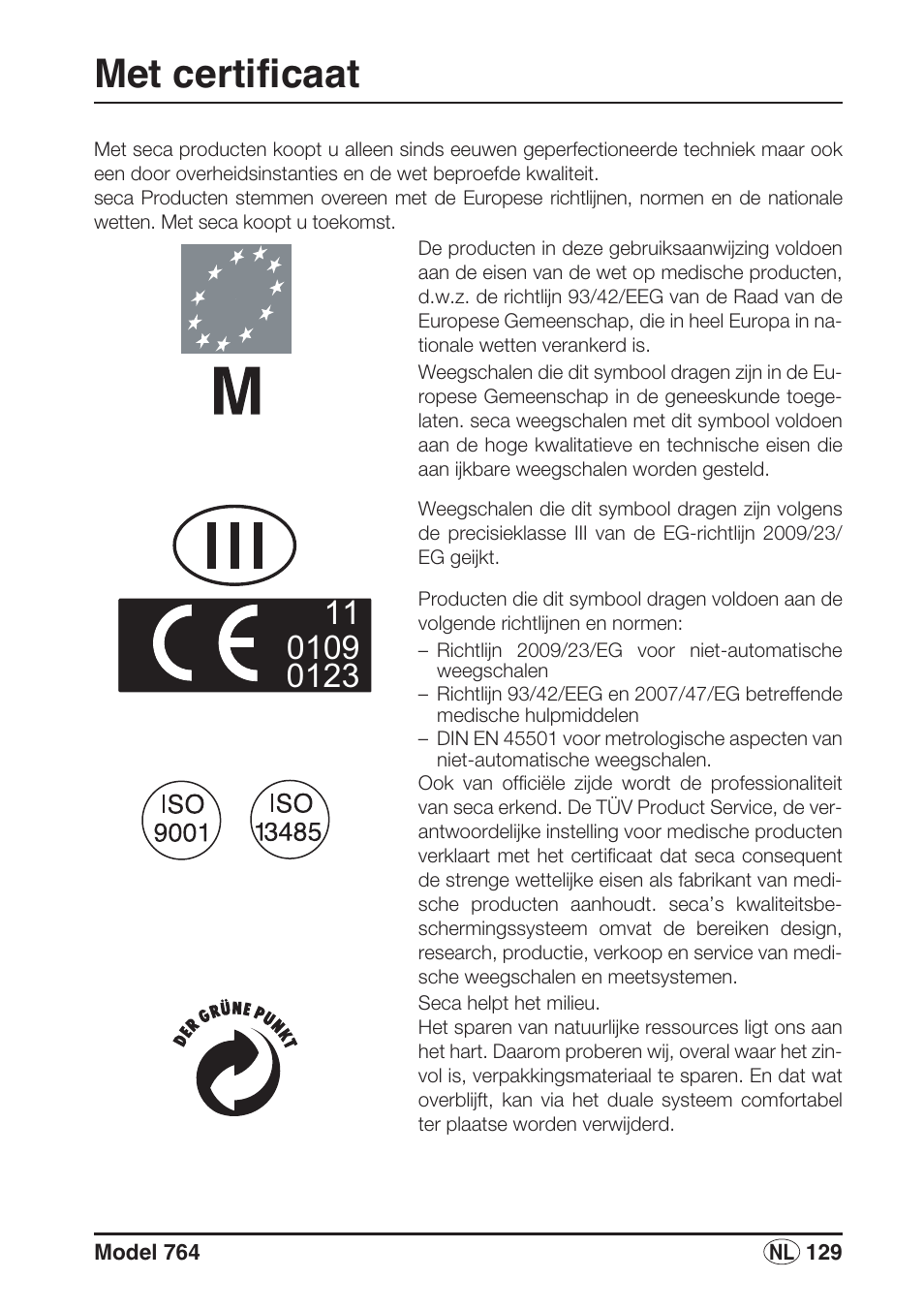 Nederlands, Met certificaat | Seca 764 User Manual | Page 129 / 189