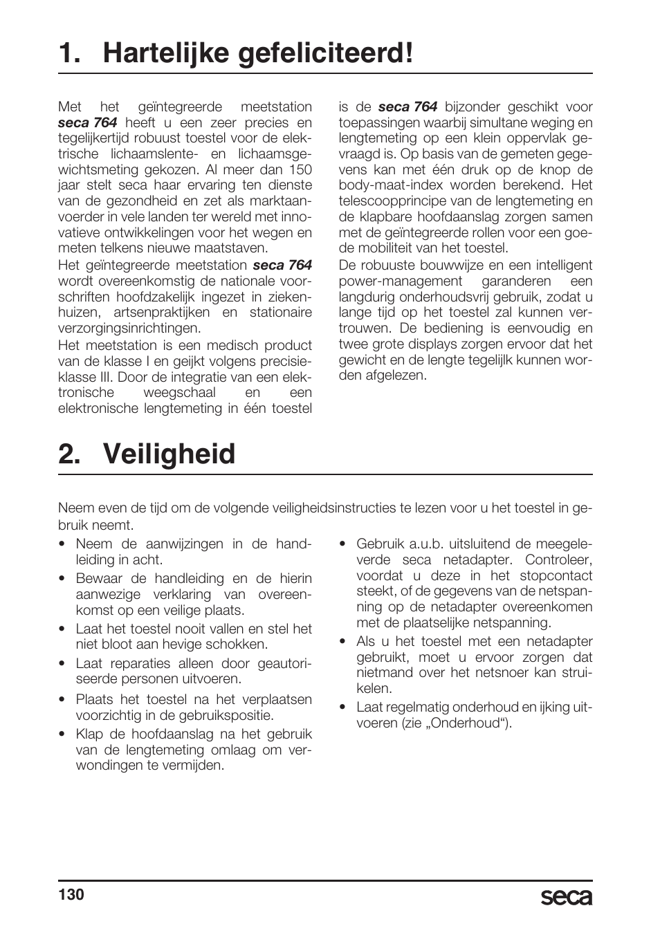 Hartelijke gefeliciteerd, Veiligheid | Seca 764 User Manual | Page 130 / 189