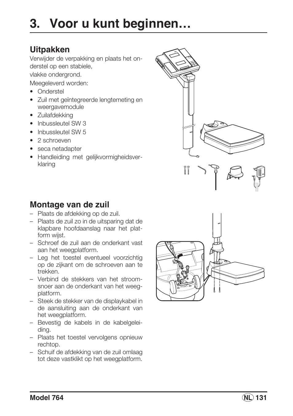 Voor u kunt beginnen, Uitpakken, Montage van de zuil | Seca 764 User Manual | Page 131 / 189