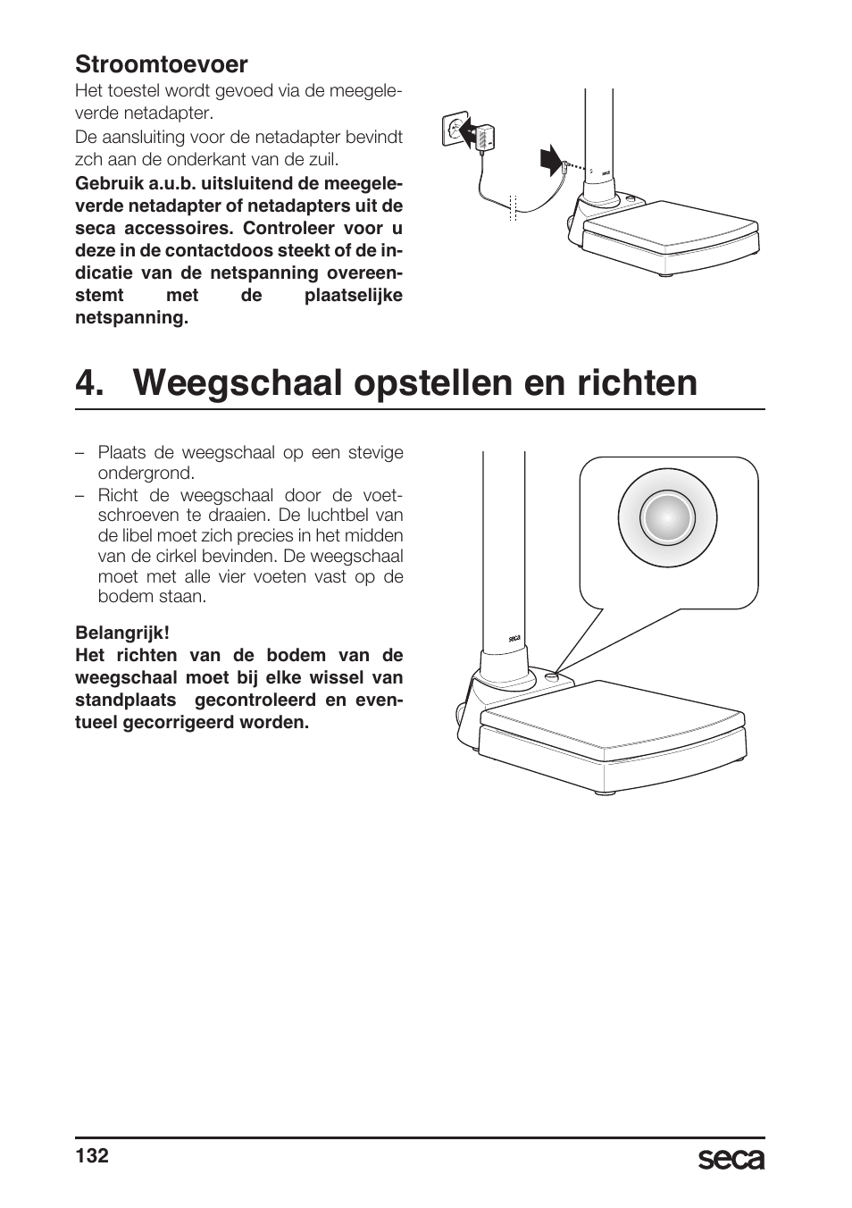 Stroomtoevoer, Weegschaal opstellen en richten | Seca 764 User Manual | Page 132 / 189