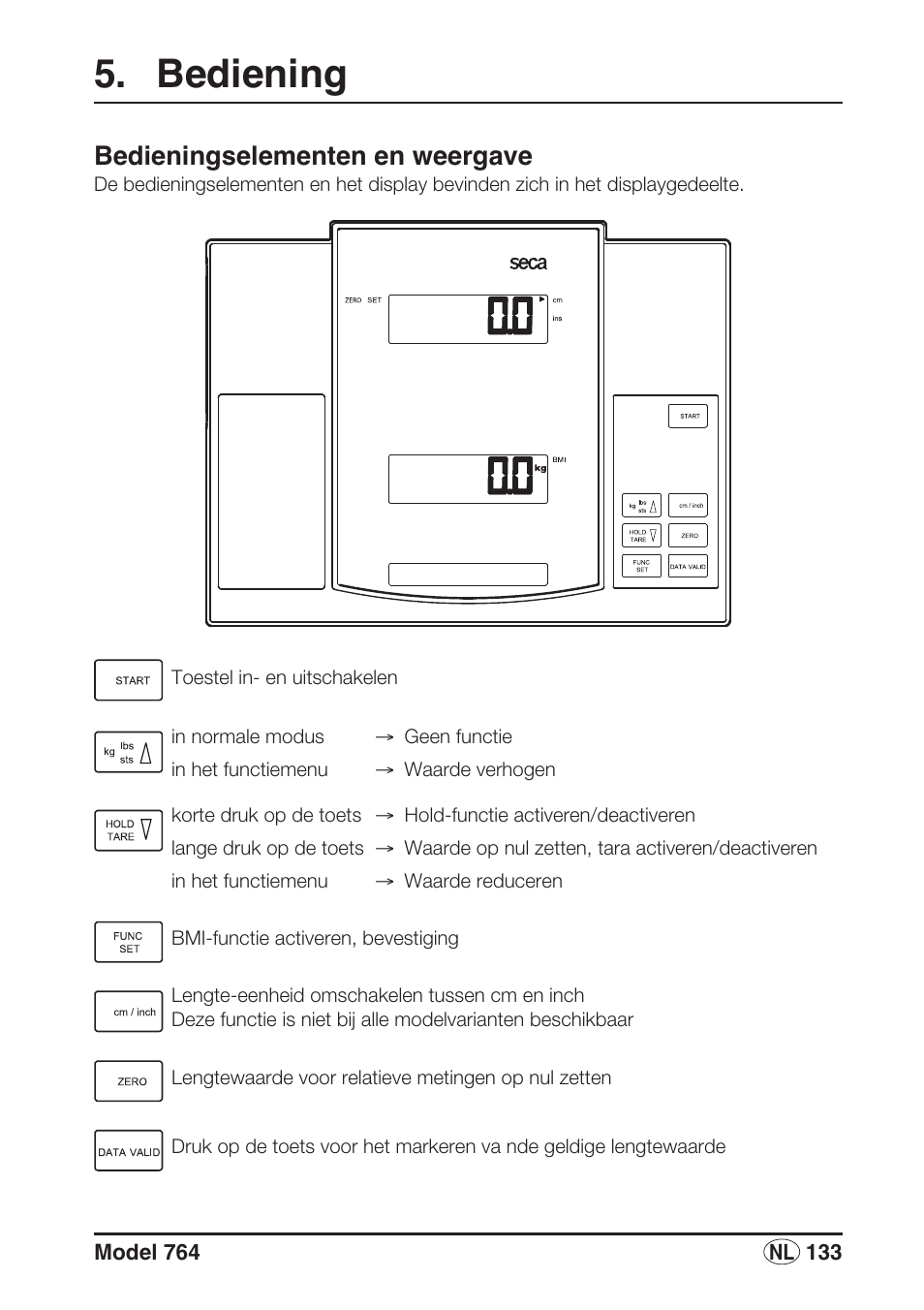 Bediening, Bedieningselementen en weergave | Seca 764 User Manual | Page 133 / 189