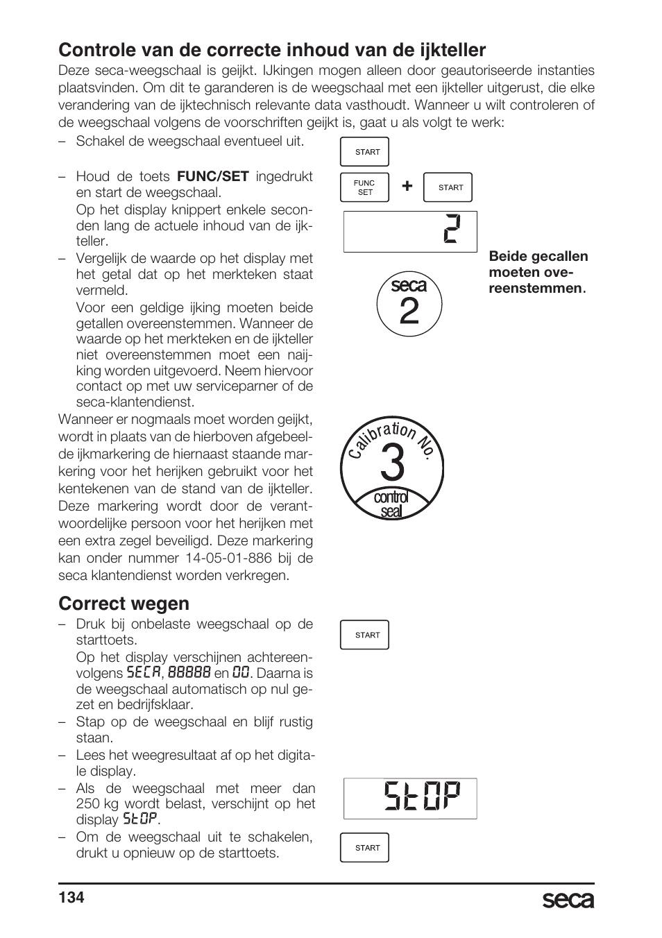 Controle van de correcte inhoud van de ijkteller, Correct wegen | Seca 764 User Manual | Page 134 / 189