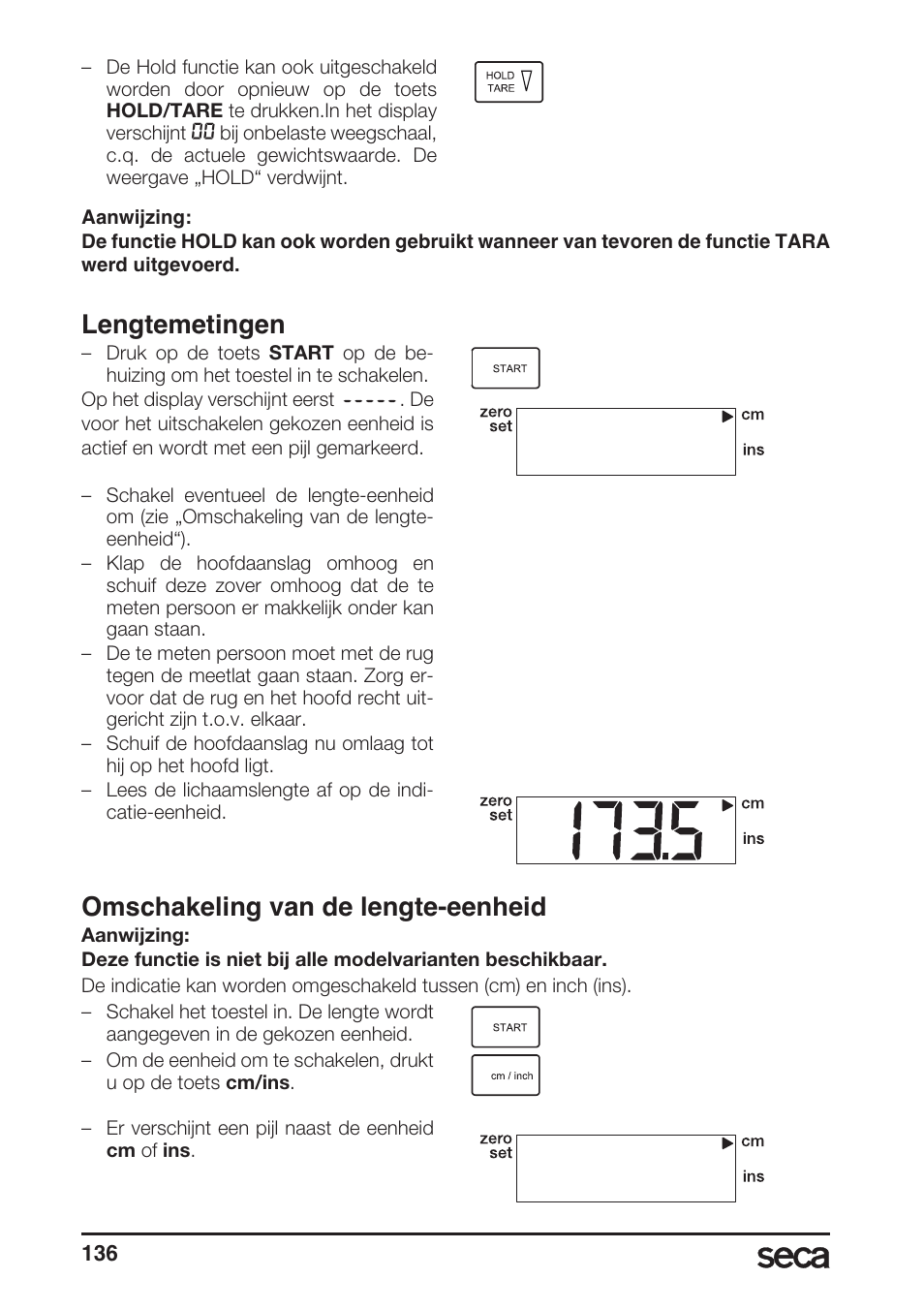 Lengtemetingen, Omschakeling van de lengte-eenheid | Seca 764 User Manual | Page 136 / 189