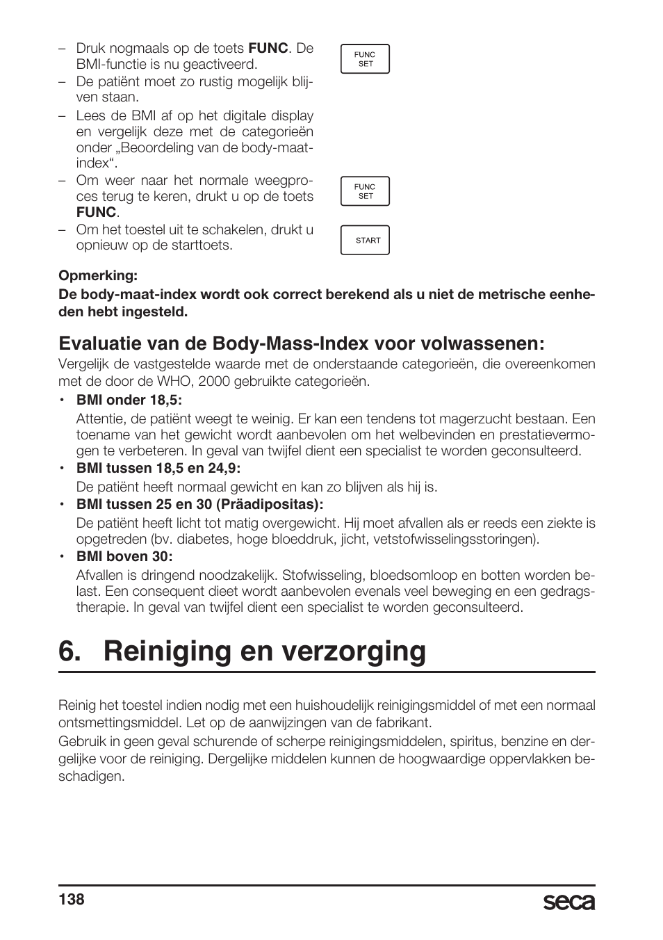 Evaluatie van de body-mass-index voor volwassenen, Reiniging en verzorging | Seca 764 User Manual | Page 138 / 189