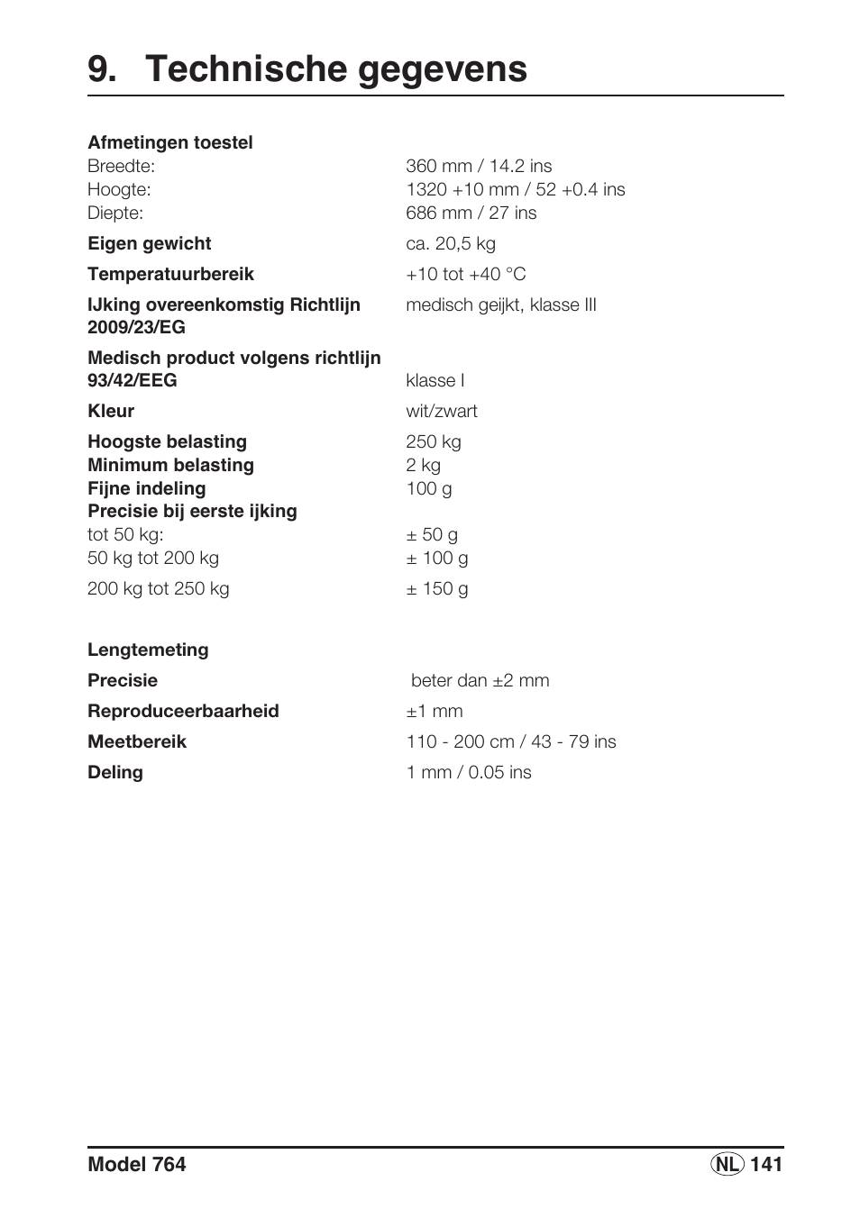 Technische gegevens | Seca 764 User Manual | Page 141 / 189