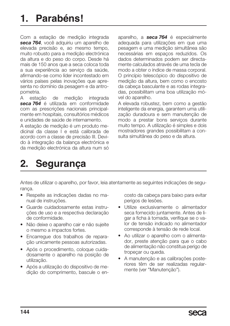 Parabéns, Segurança | Seca 764 User Manual | Page 144 / 189