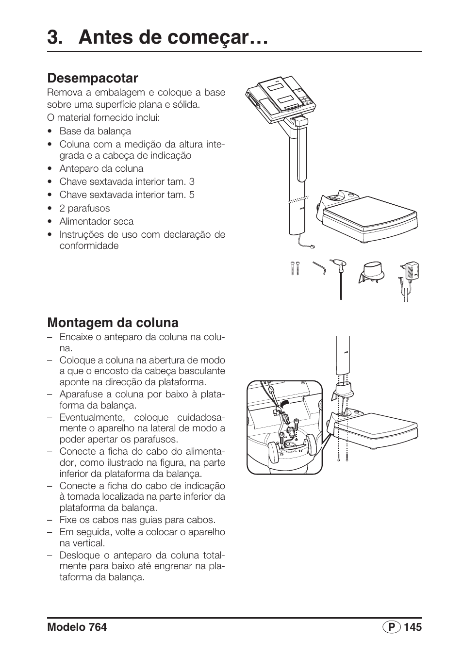 Antes de começar, Desempacotar, Montagem da coluna | Seca 764 User Manual | Page 145 / 189