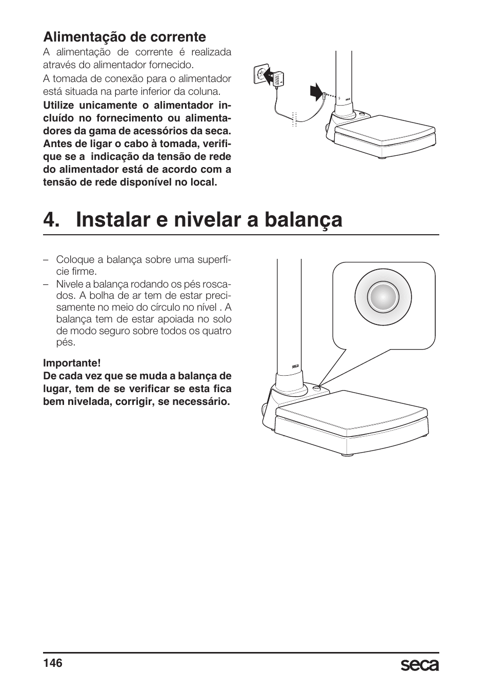 Alimentação de corrente, Instalar e nivelar a balança | Seca 764 User Manual | Page 146 / 189