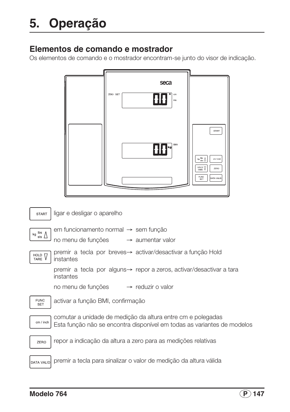 Operação, Elementos de comando e mostrador | Seca 764 User Manual | Page 147 / 189