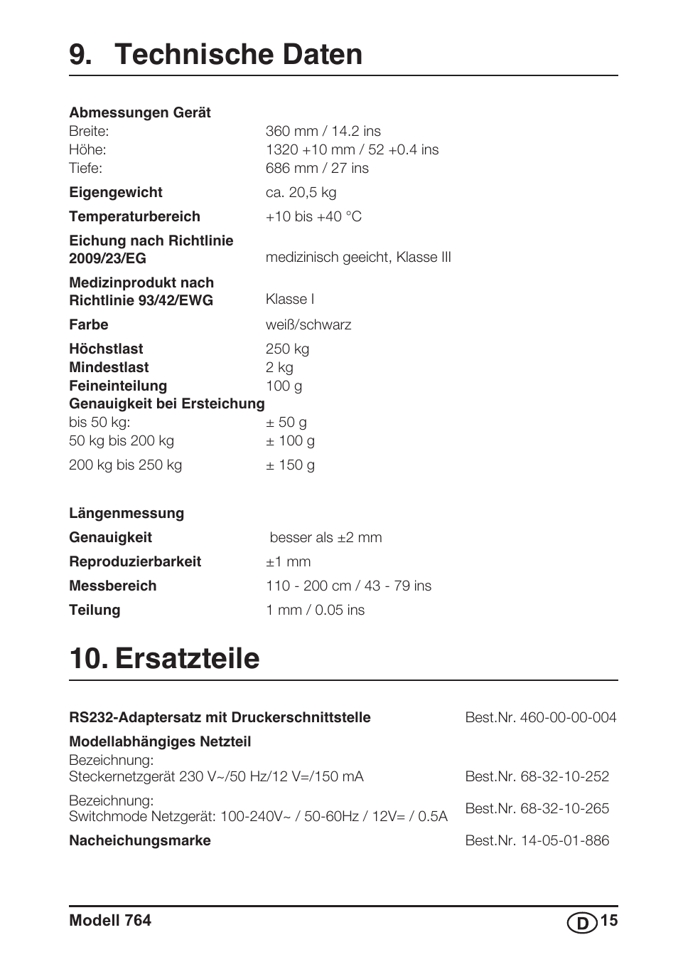 Technische daten, Ersatzteile, Technische daten 10. ersatzteile | Seca 764 User Manual | Page 15 / 189